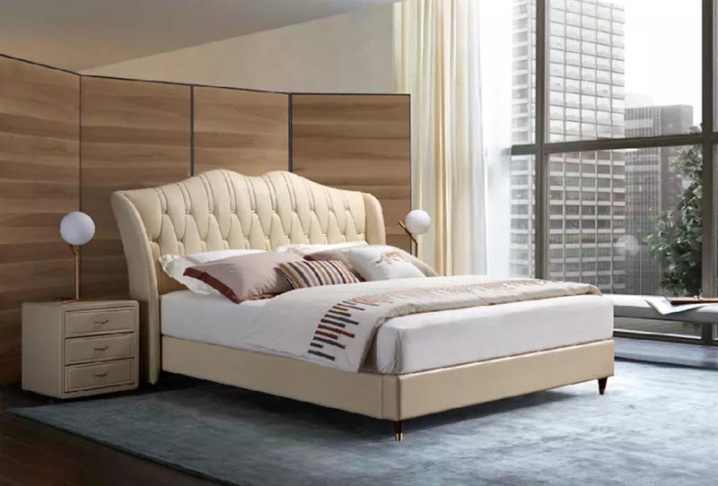 High Back Genuine Leather Bed With Solid Wood Base